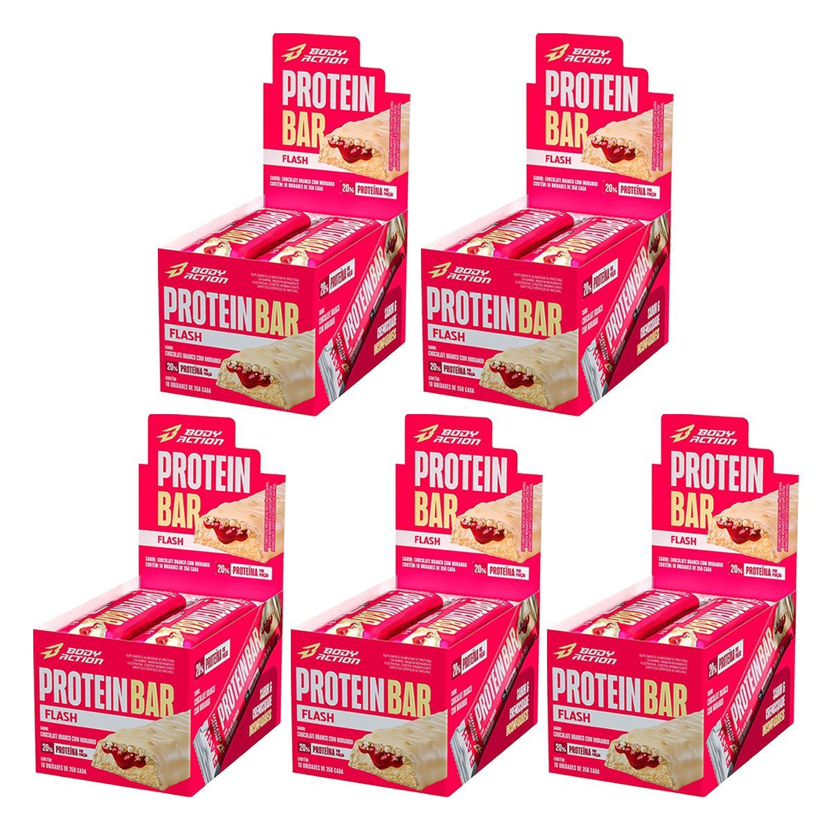 Kit 5X Protein Bar Flash - 10 Unidades 35g Chocolate Branco com Morango - Body Action