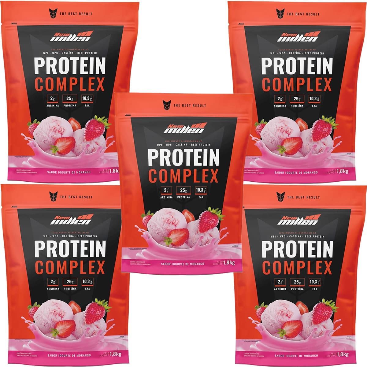 Kit 5X Protein Complex - 1800g Refil Iogurte de Morango - New Millen