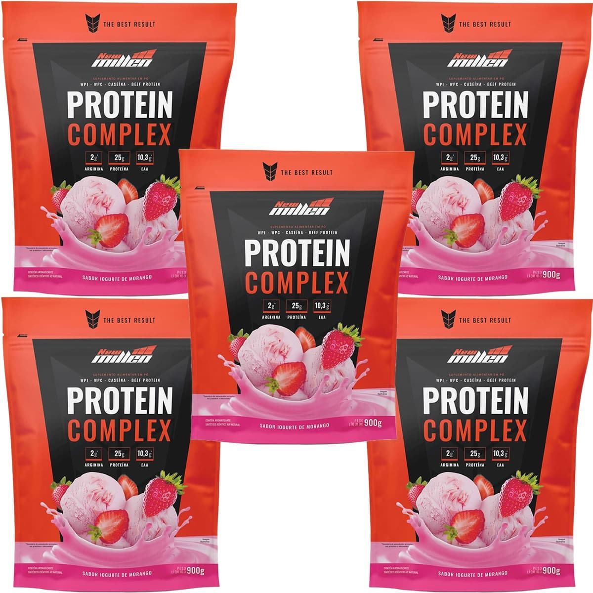 Kit 5X Protein Complex - 900g Refil Iogurte de Morango - New Millen