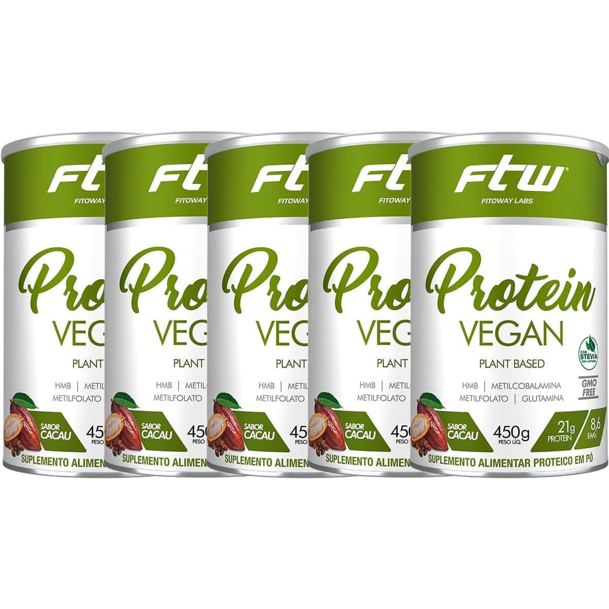 Kit 5X Protein Vegan Plant Based - 450g Cacau - FTW