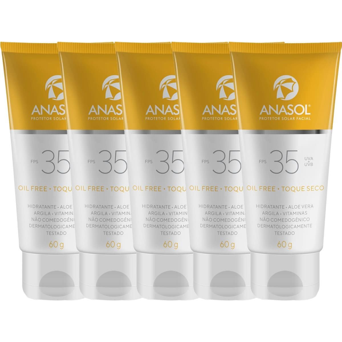 Kit 5X Protetor Solar Facial Toque Seco - 60g FPS 35 - Anasol