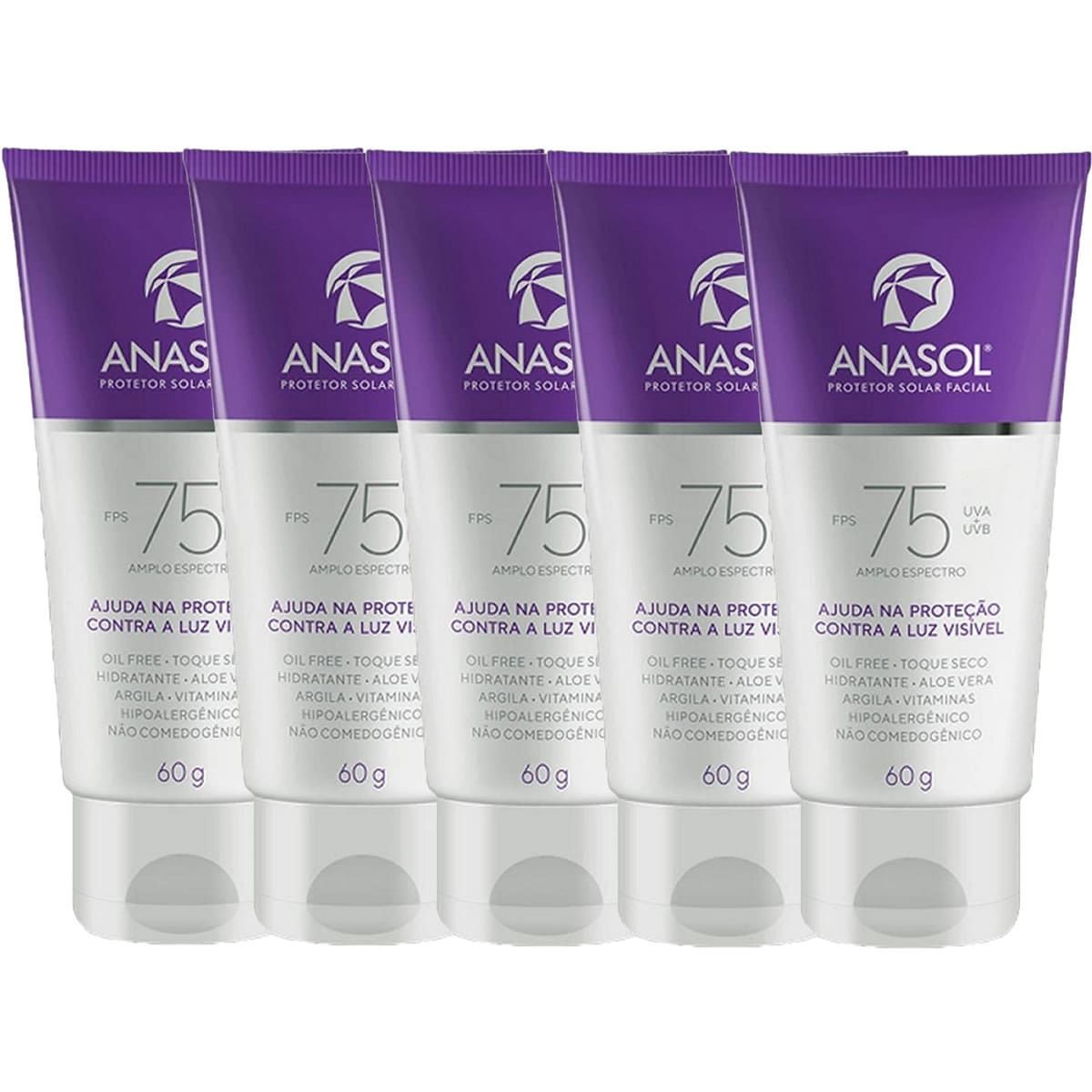 Kit 5X Protetor Solar Facial Toque Seco - 60g FPS 75 - Anasol