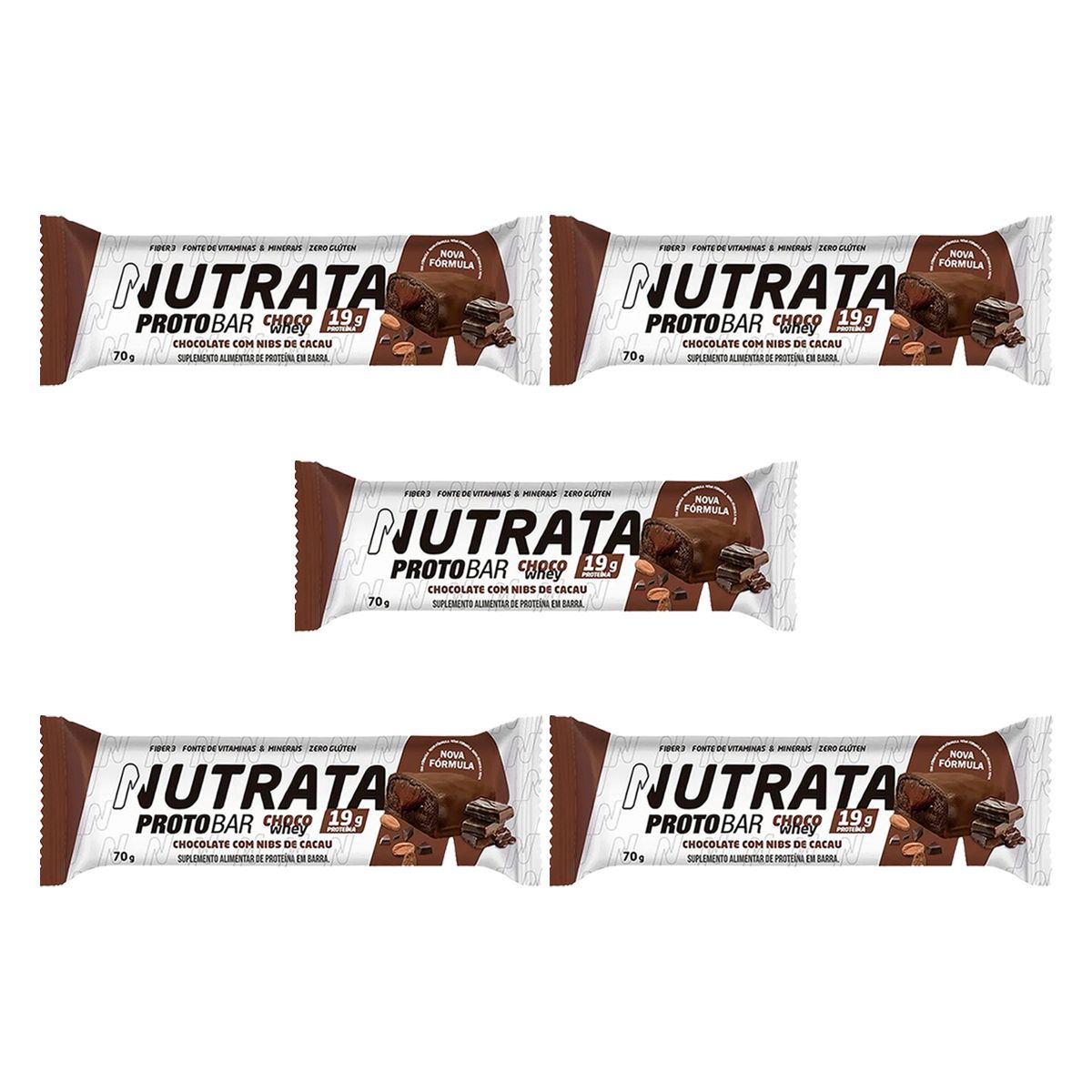 Kit 5X Proto Bar Choco Whey - 1 Unidade de 70g Chocolate com Nibs de Cacau - Nutrata