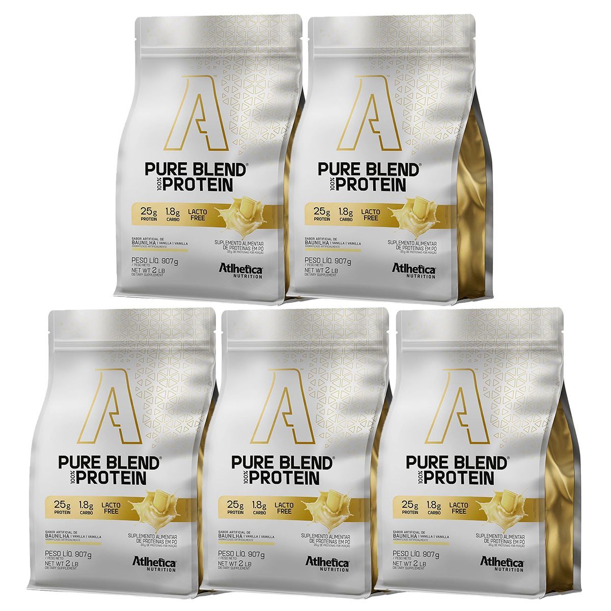 Kit 5X Pure Blend 100% Protein Lacto-free - 907g Refil Baunilha - Atlh�tica Nutrition