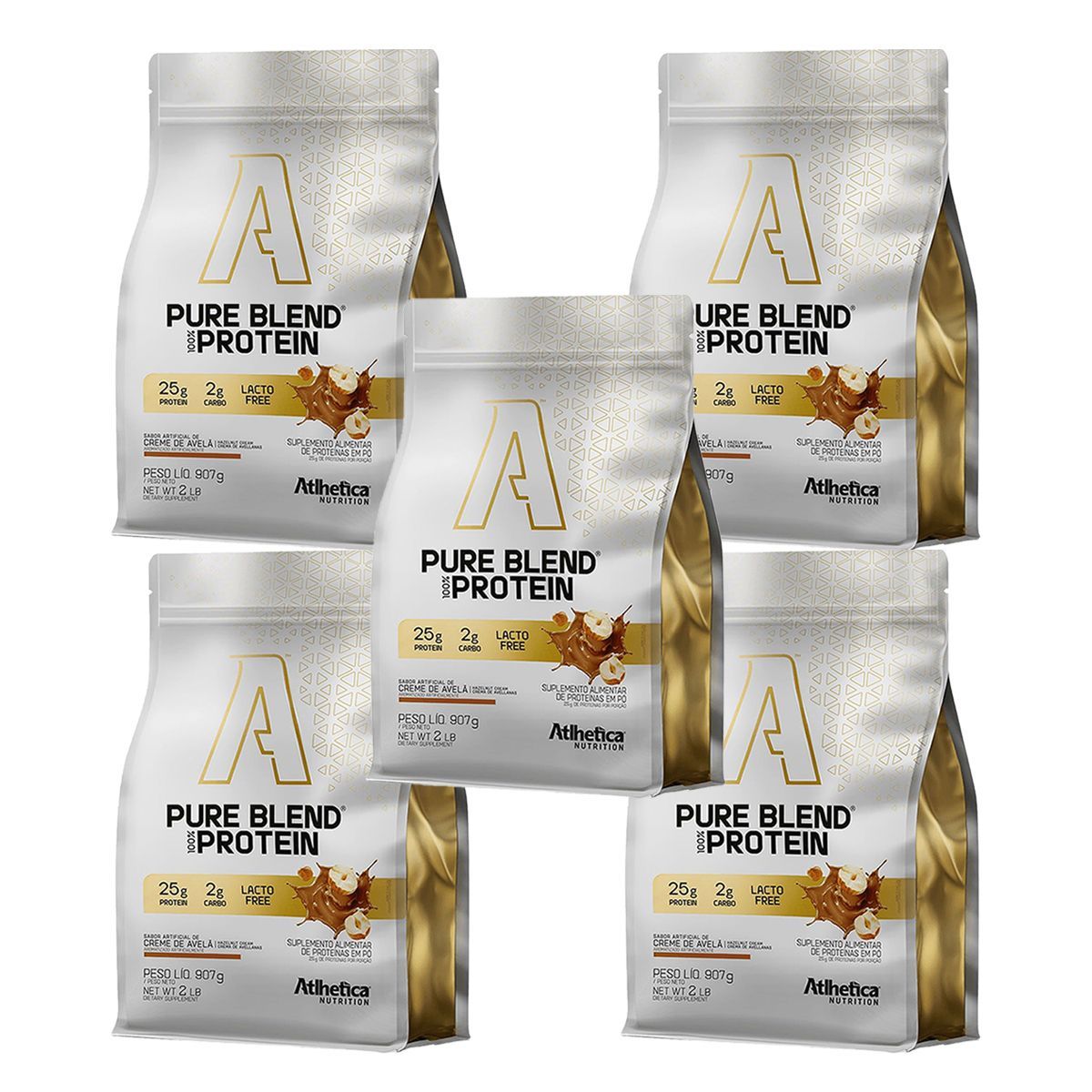 Kit 5X Pure Blend 100% Protein Lacto-free - 907g Refil Creme de Avel� - Atlh�tica Nutrition