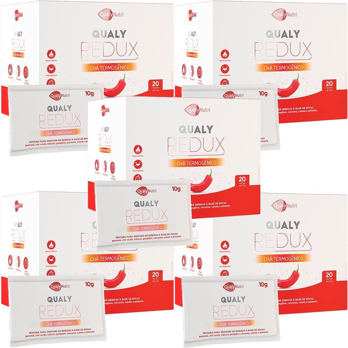 Kit 5X Qualy Redux Ch� Termog�nico - 20 Sach�s - QualyNutri