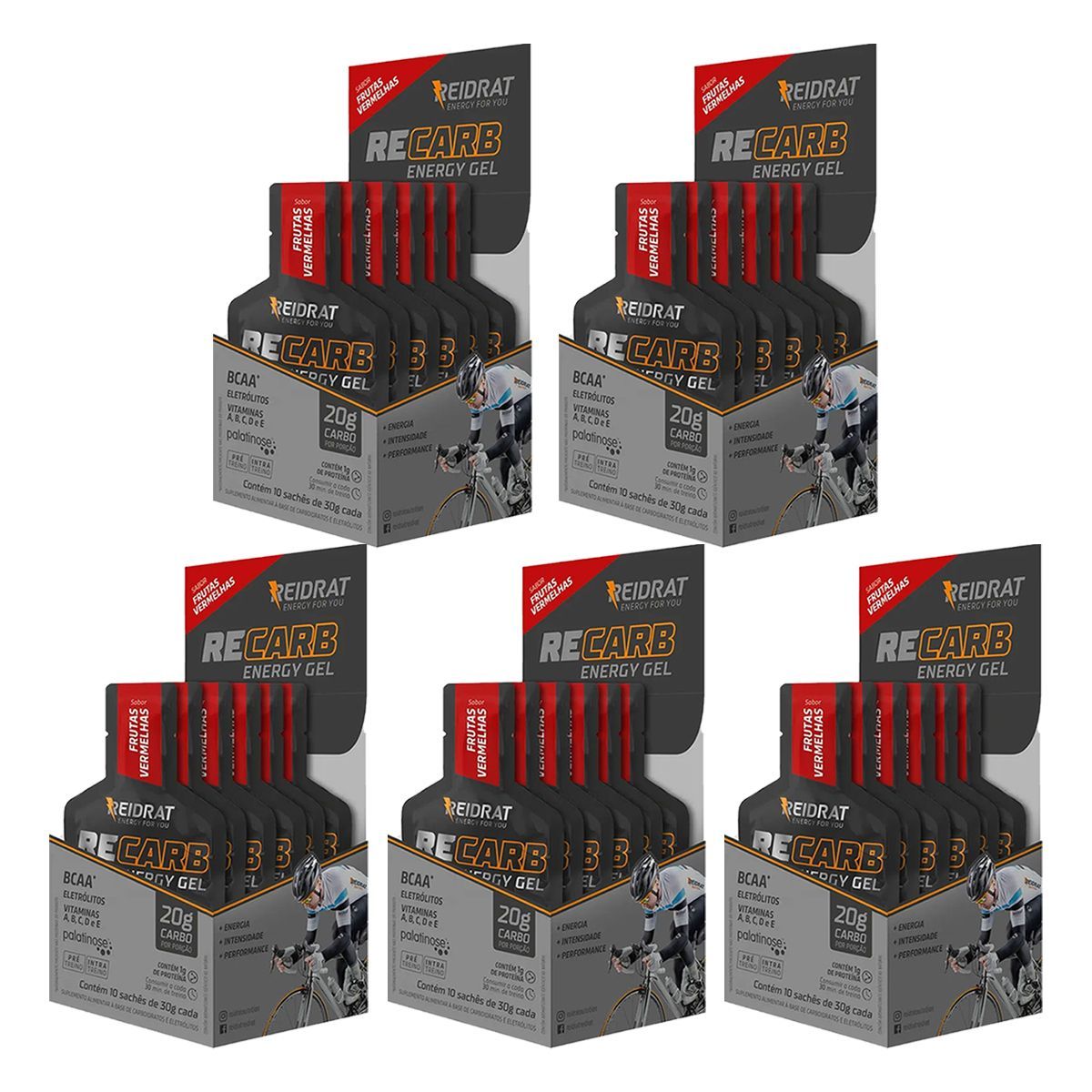 Kit 5X Recarb Energy Gel - 10 Sach�s de 30g Frutas Vermelhas - Reidrat