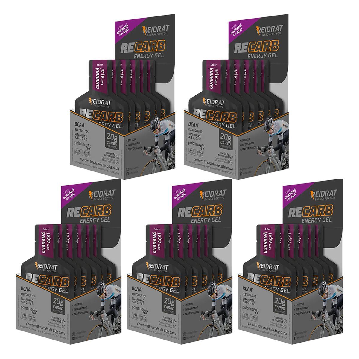 Kit 5X Recarb Energy Gel - 10 Sach�s de 30g Guaran� com A�a� - Reidrat