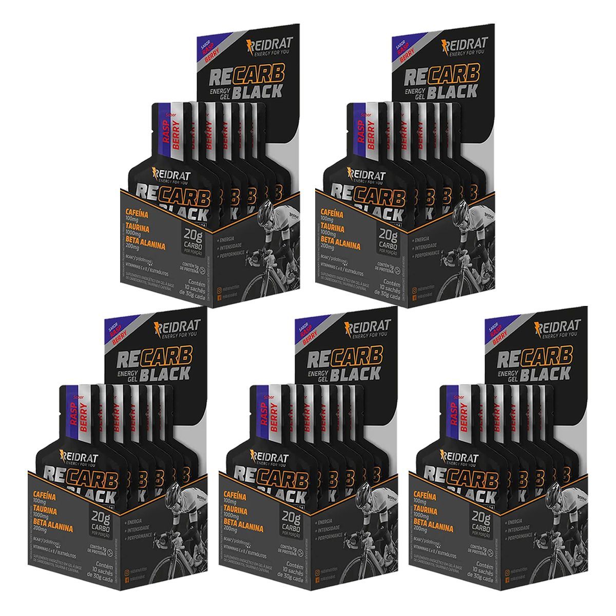 Kit 5X Recarb Energy Gel Black Pro Beta - 10 Sach�s 30g Framboesa - Reidrat