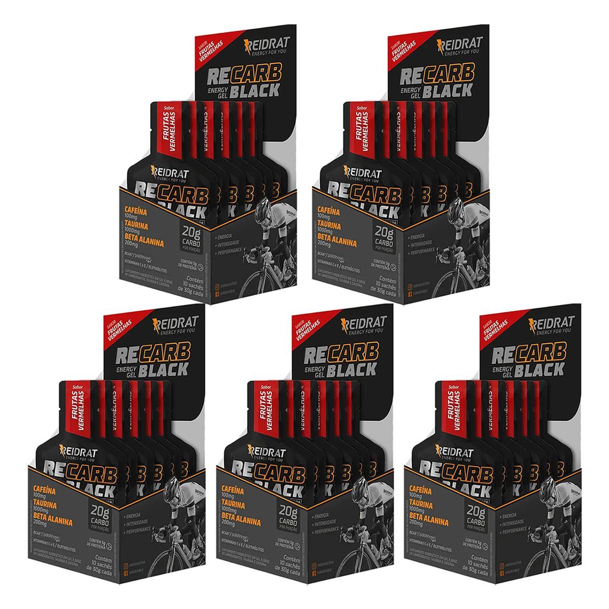 Kit 5X Recarb Energy Gel Black Pro Beta - 10 Sach�s 30g Frutas Vermelhas - Reidrat