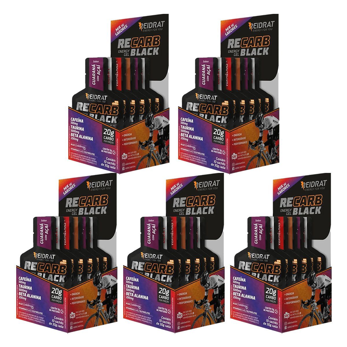 Kit 5X Recarb Energy Gel Black Pro Beta - 10 Sach�s 30g Sabores Variados - Reidrat