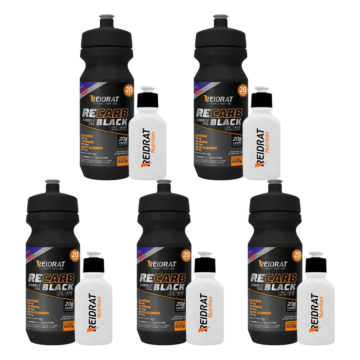 Kit 5X Recarb Energy Gel Black Squeeze + Mini Squeeze 100 ml - 600g Rasp Berry - Reidrat