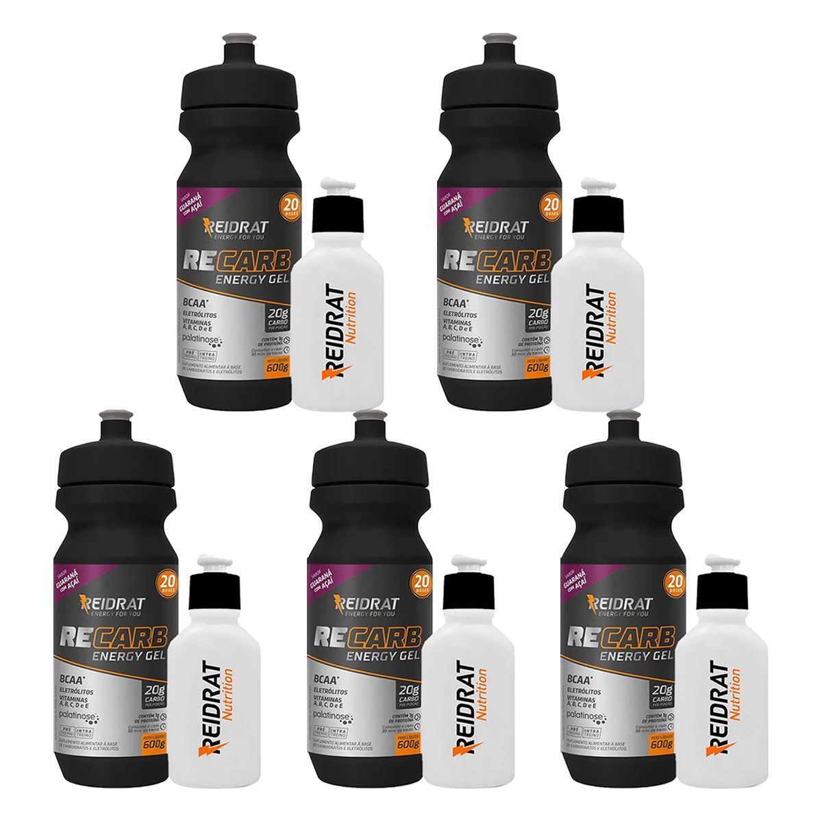 Kit 5X Recarb Energy Gel Squeeze + Mini Squeeze 100 ml - 600g Guaran� com A�a� - Reidrat