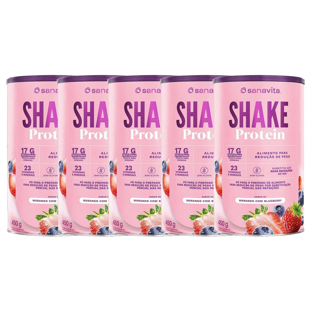Kit 5X Shake Protein - 450g Morango com Blueberry - Sanavita