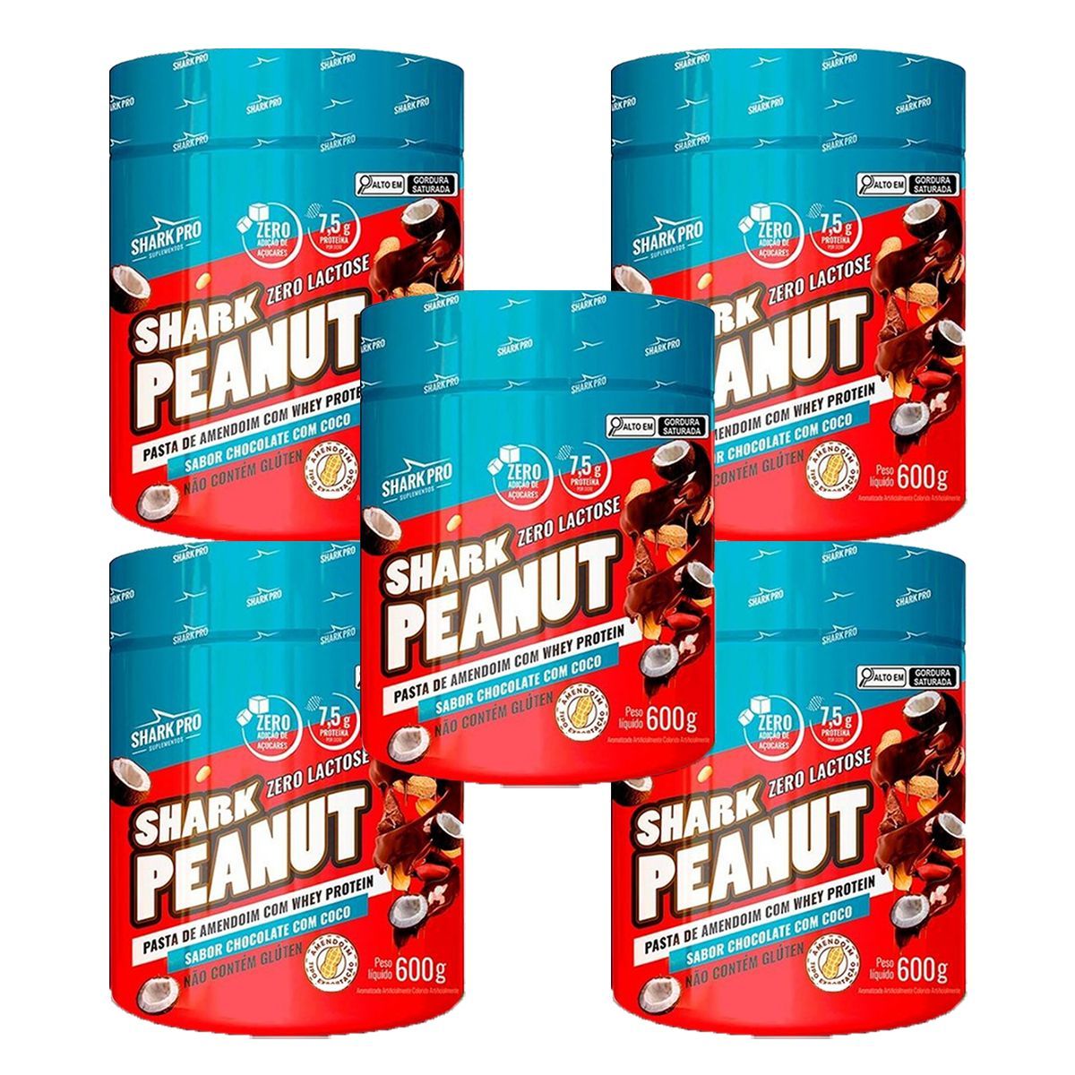 Kit 5X Shark Peanut Zero Lactose - 600g Chocolate com Coco - Shark Pro