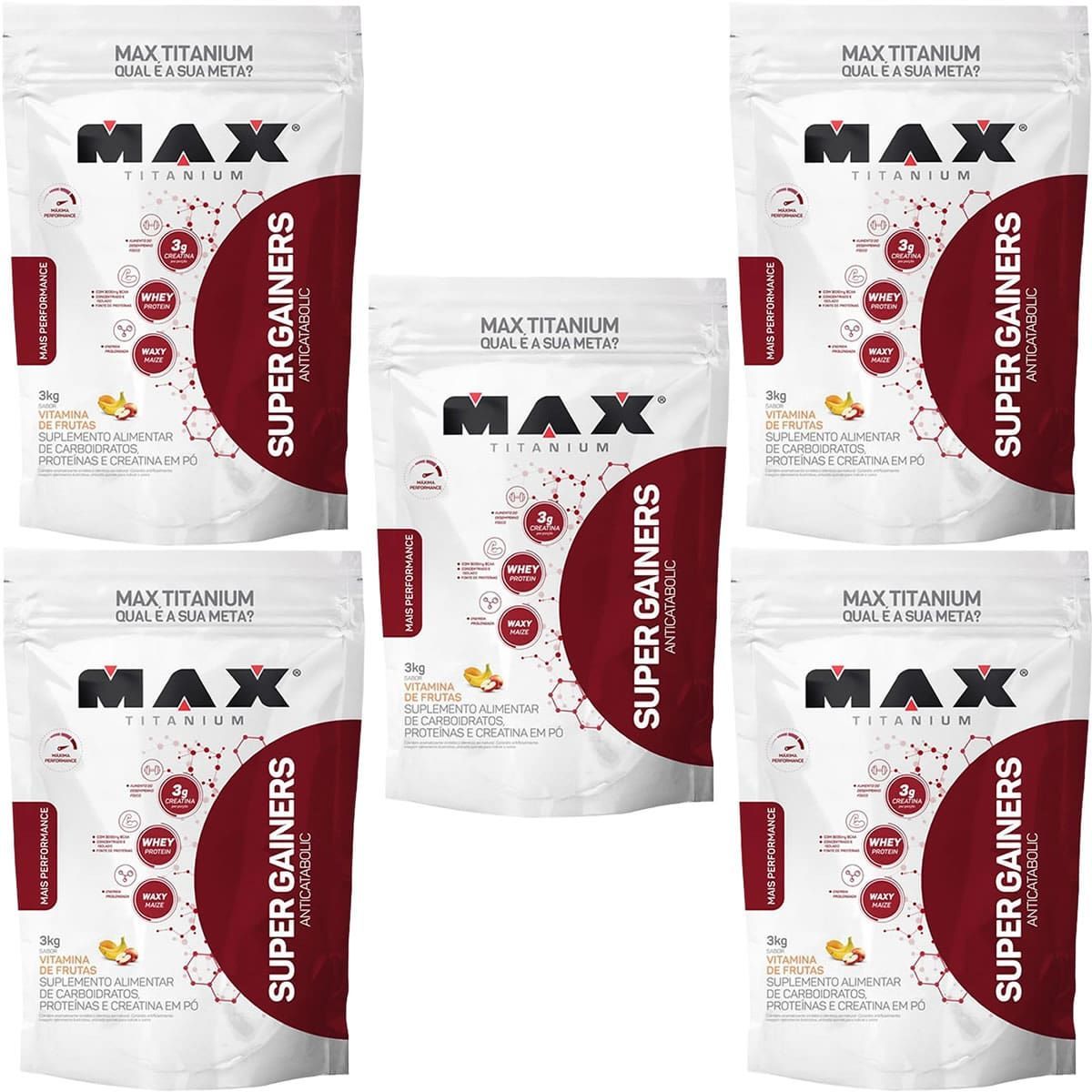 Kit 5X Super Gainers Anticatabolic  - 3.000g Vitamina de Frutas - Max Titanium