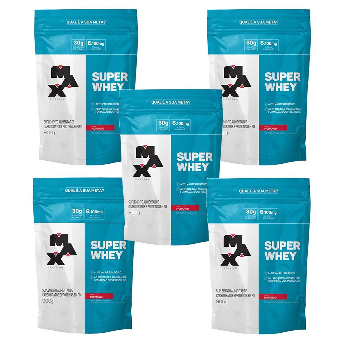Kit 5X Super Whey - 900g Morango Refil - Max Titanium