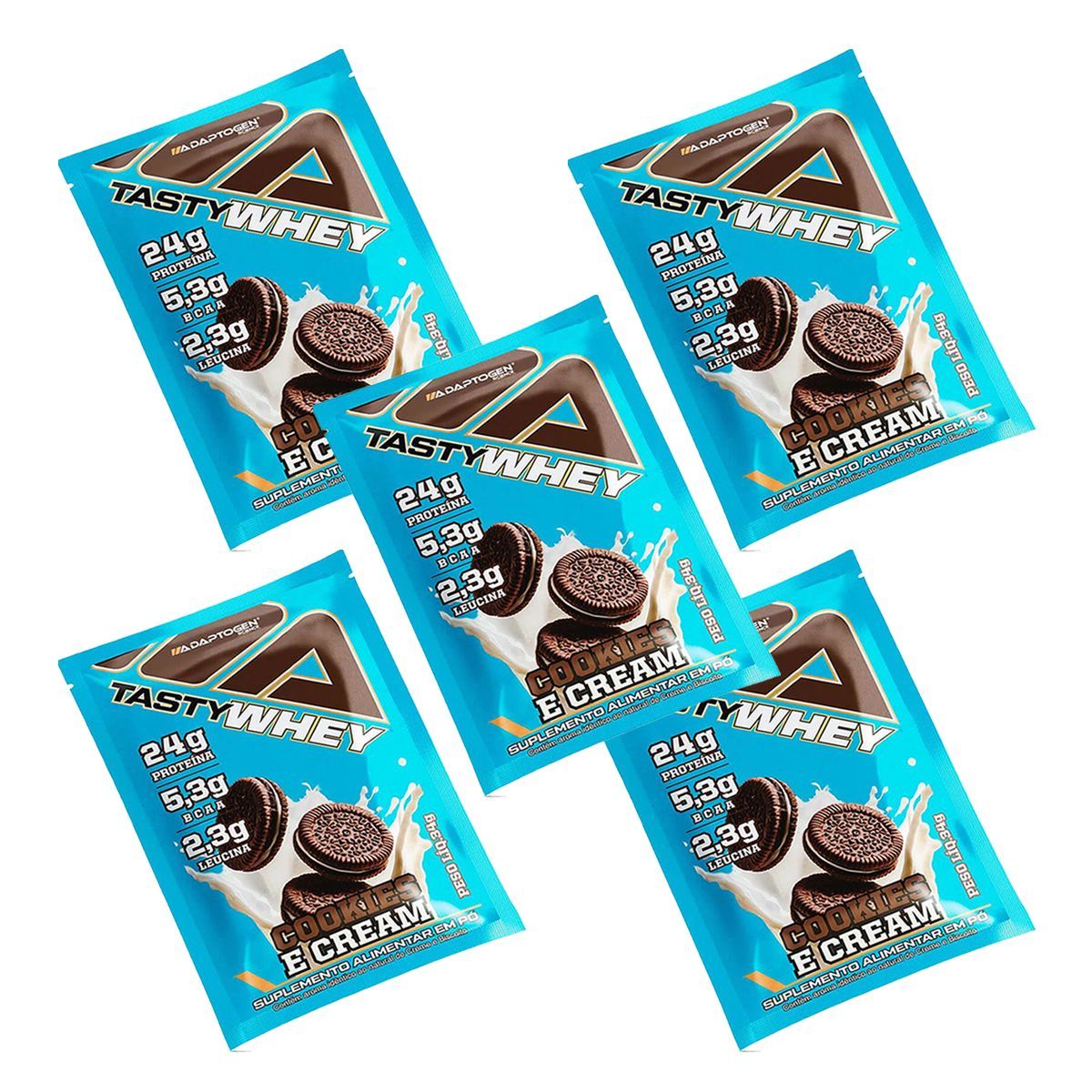 Kit 5X Tasty Whey 3W - 1 Sach� 34g Cookies & Cream - Adaptogen