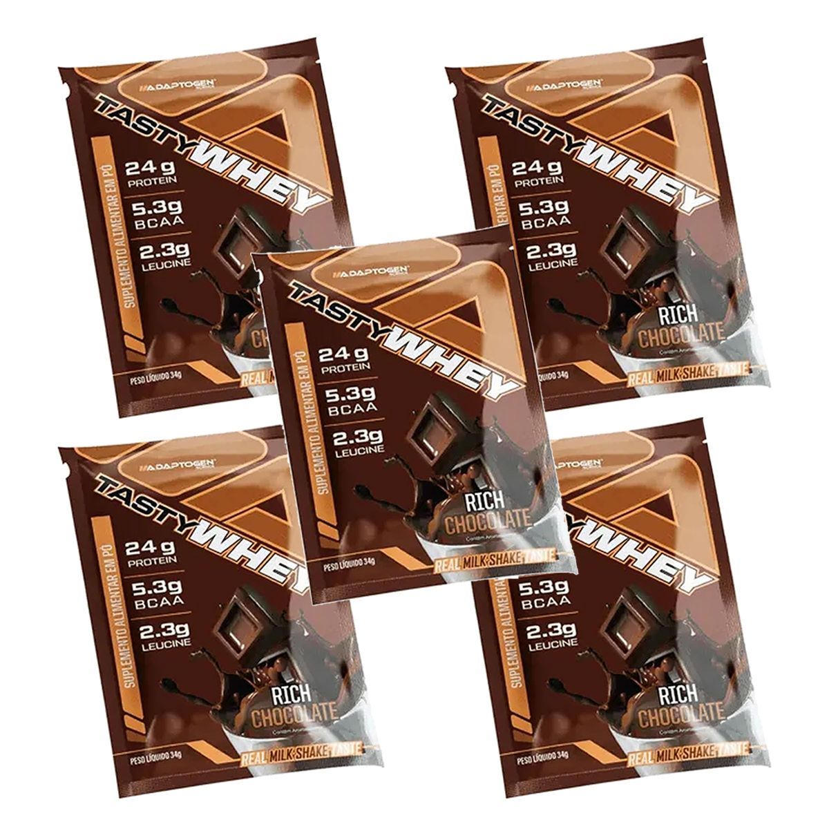 Kit 5X Tasty Whey 3W - 1 Sach� 34g Rich Chocolate - Adaptogen