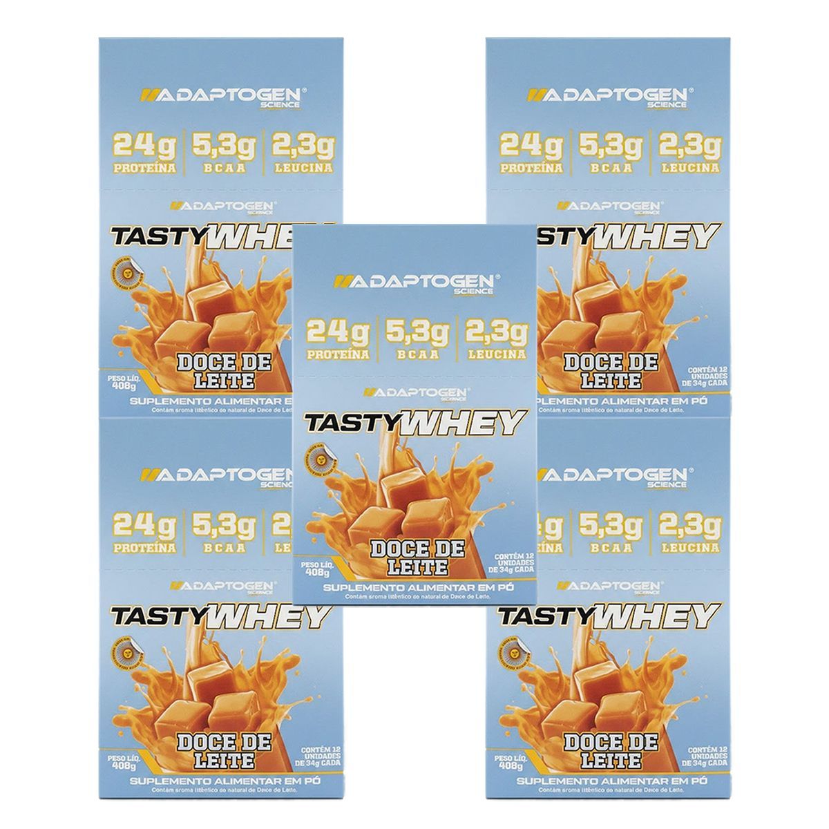 Kit 5X Tasty Whey 3W - 12 Sach�s 34g Doce de Leite - Adaptogen
