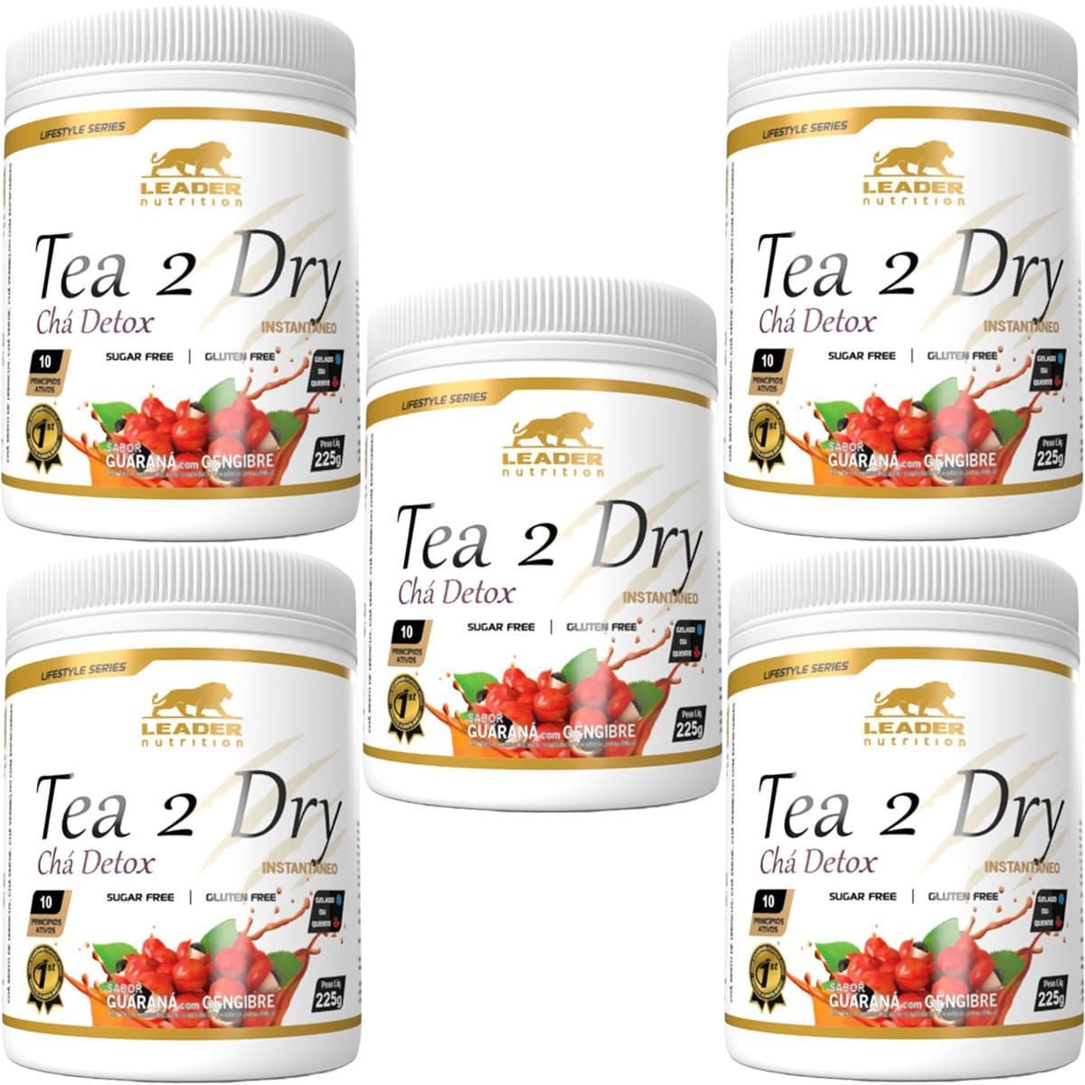 Kit 5X Tea 2 Dry  Ch� Detox -  225g Guaran� com Gengibre - Leader Nutrition