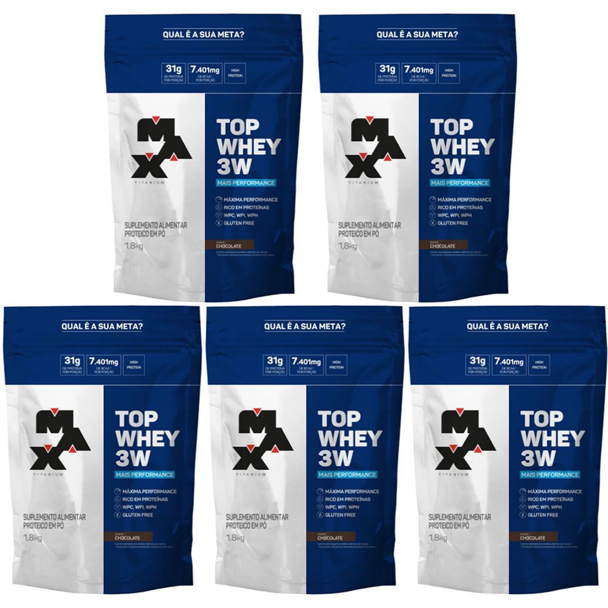 Kit 5X Top Whey 3W - 1800g Refil Chocolate - Max Titanium