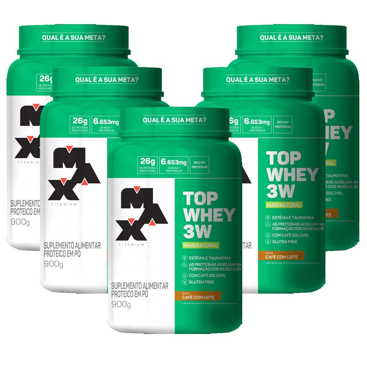 Kit 5X Top Whey 3W - 900g Caf� com Leite - Max Titanium