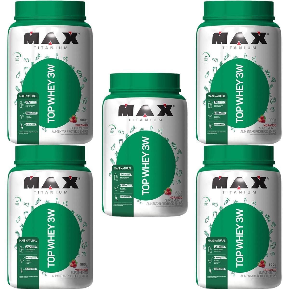 Kit 5X Top Whey 3W Mais Natural - 900g Morango - Max Titanium