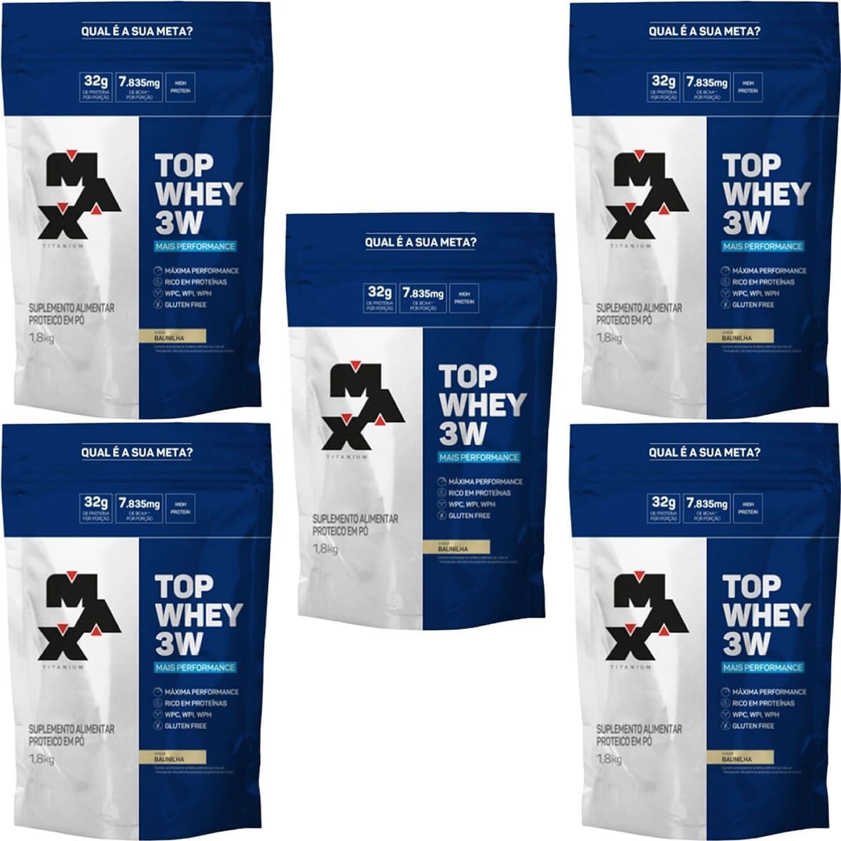 Kit 5X Top Whey 3W Mais Performance - 1800g Refil Baunilha - Max Titanium