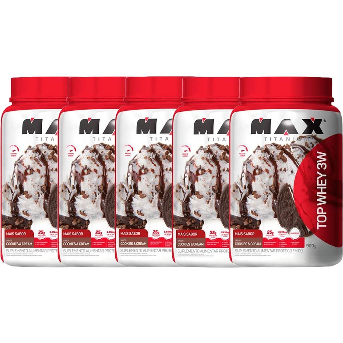 Kit 5X Top Whey 3W Mais Sabor - 900g Cookies & Cream - Max Titanium