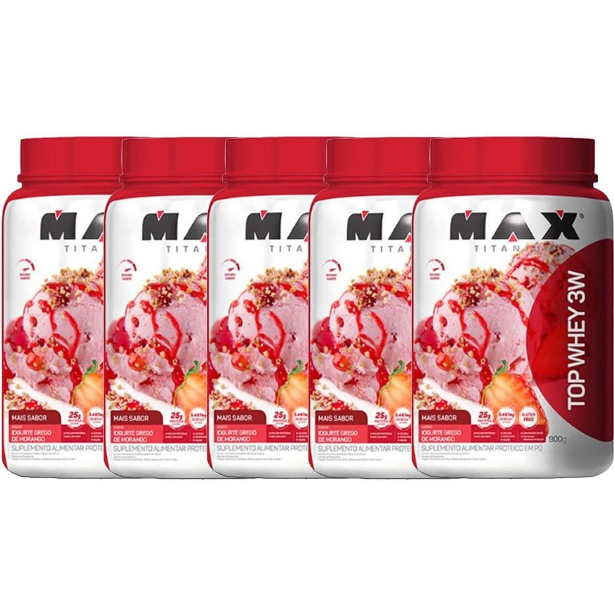Kit 5X Top Whey 3W Mais Sabor - 900g Iogurte Grego de Morango - Max Titanium