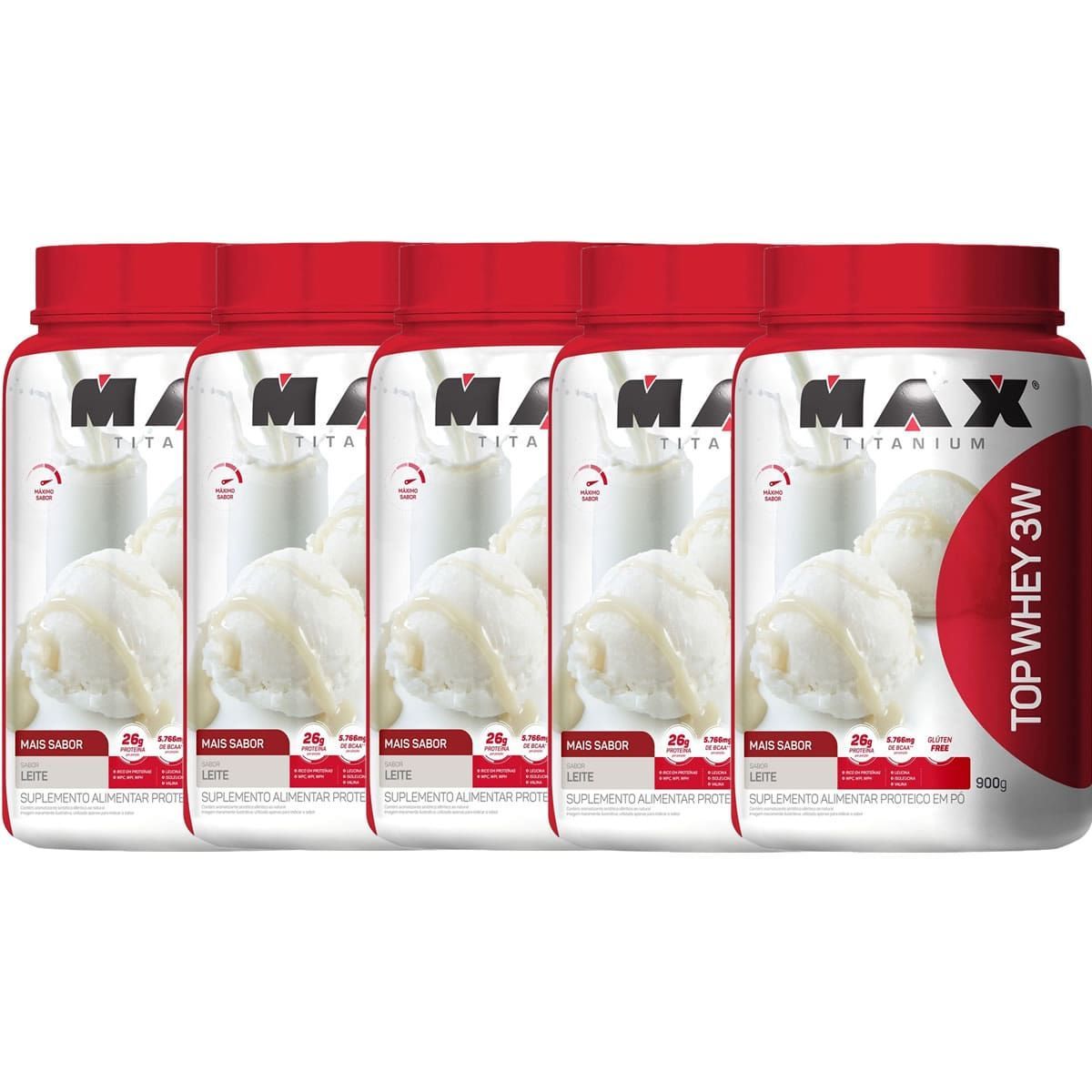 Kit 5X Top Whey 3W Mais Sabor - 900g Leite - Max Titanium
