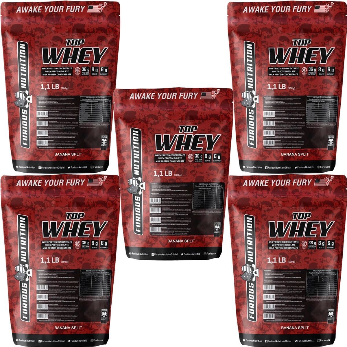 Kit 5X Top Whey - 500g Refil Banana Split - Furious Nutrition