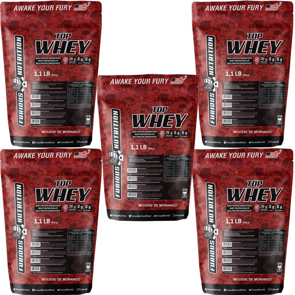 Kit 5X Top Whey - 500g Refil Mousse de Morango - Furious Nutrition
