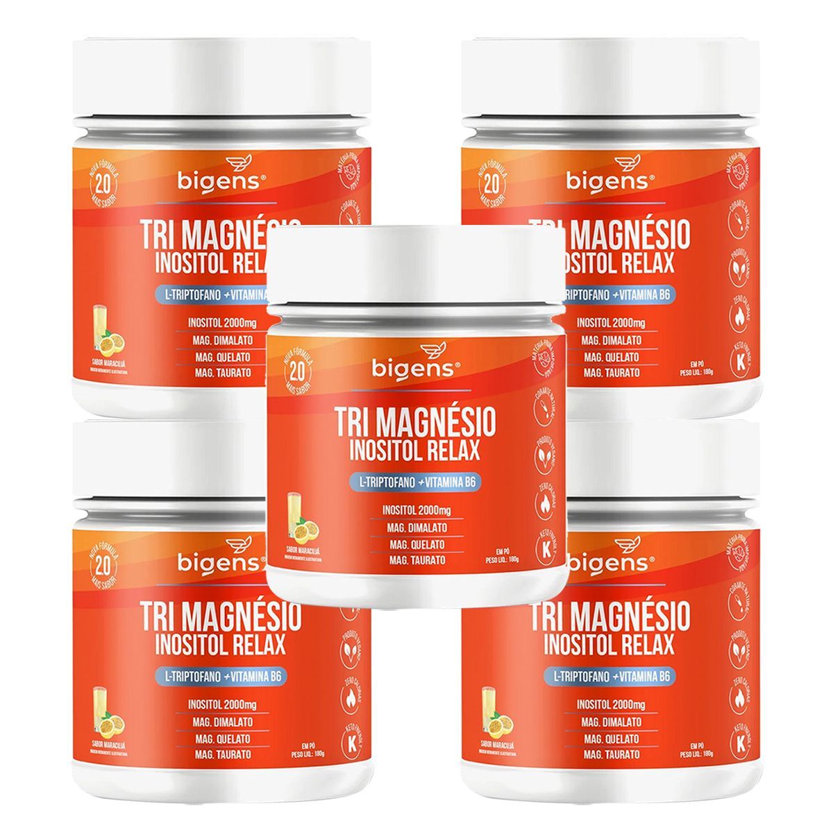 Kit 5X Tri Magn�sio Inositol Relax - 180g Maracuj� - Bigens