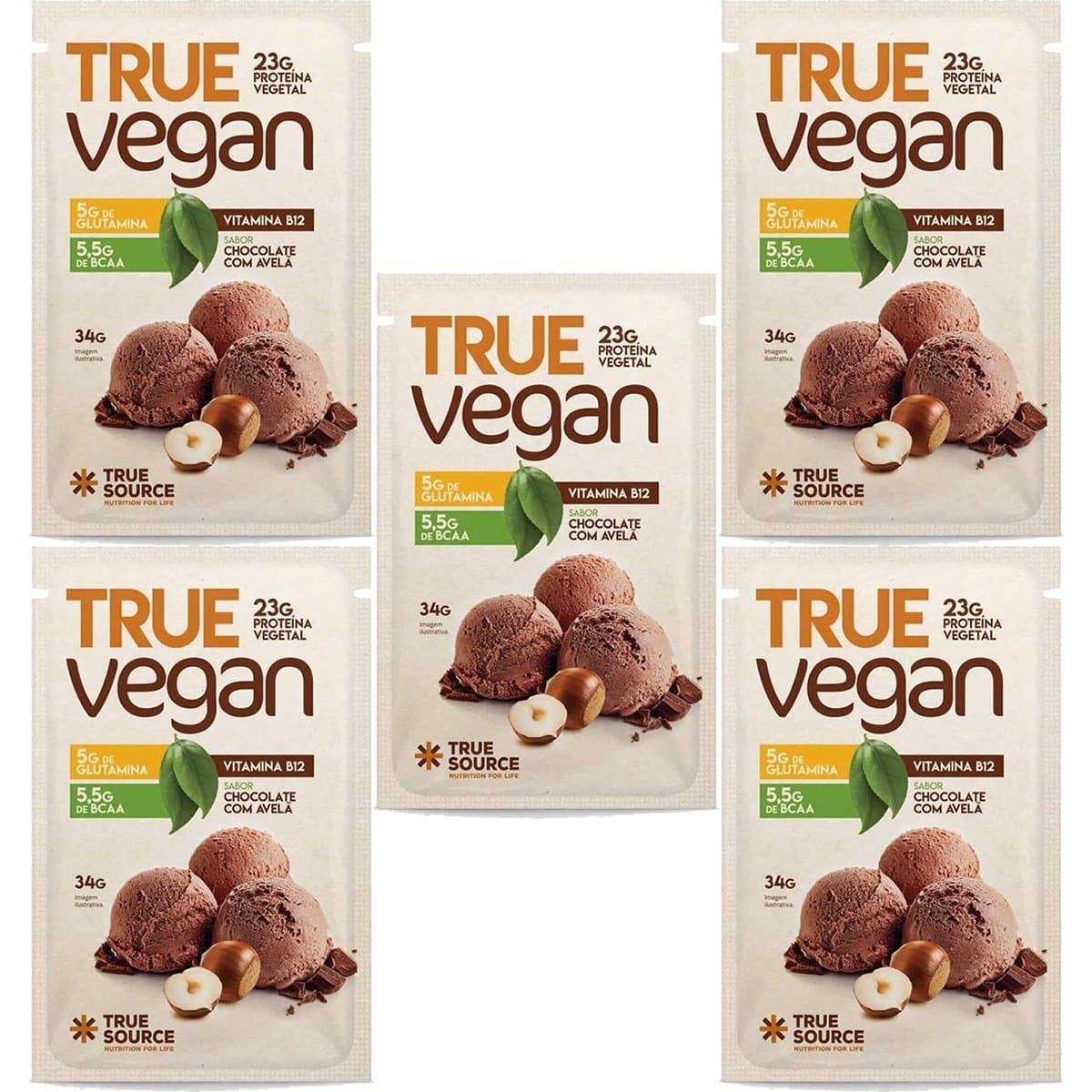 Kit 5X True Vegan Prote�na Vegetal - 1 Sach� 34g Chocolate com Avel� - True Source