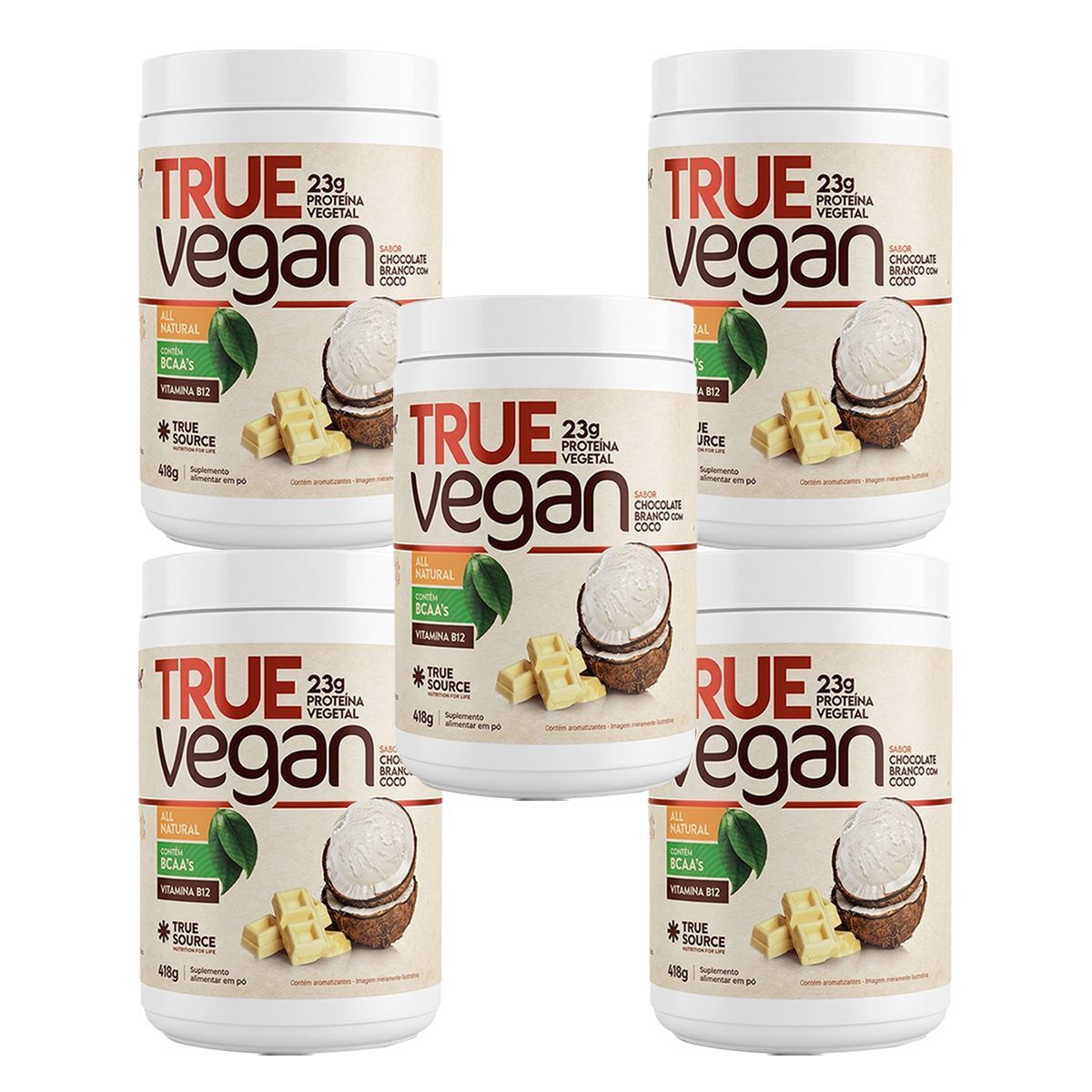 Kit 5X True Vegan Prote�na Vegetal - 418g Chocolate Branco com Coco - True Source
