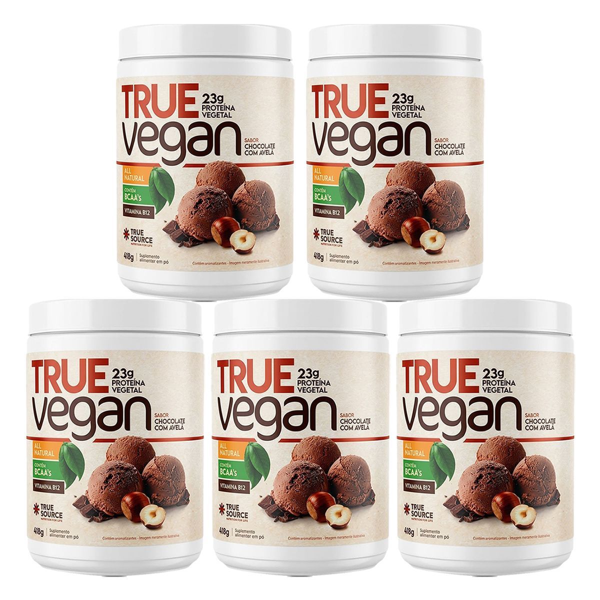 Kit 5X True Vegan Prote�na Vegetal - 418g Chocolate com Avel� - True Source