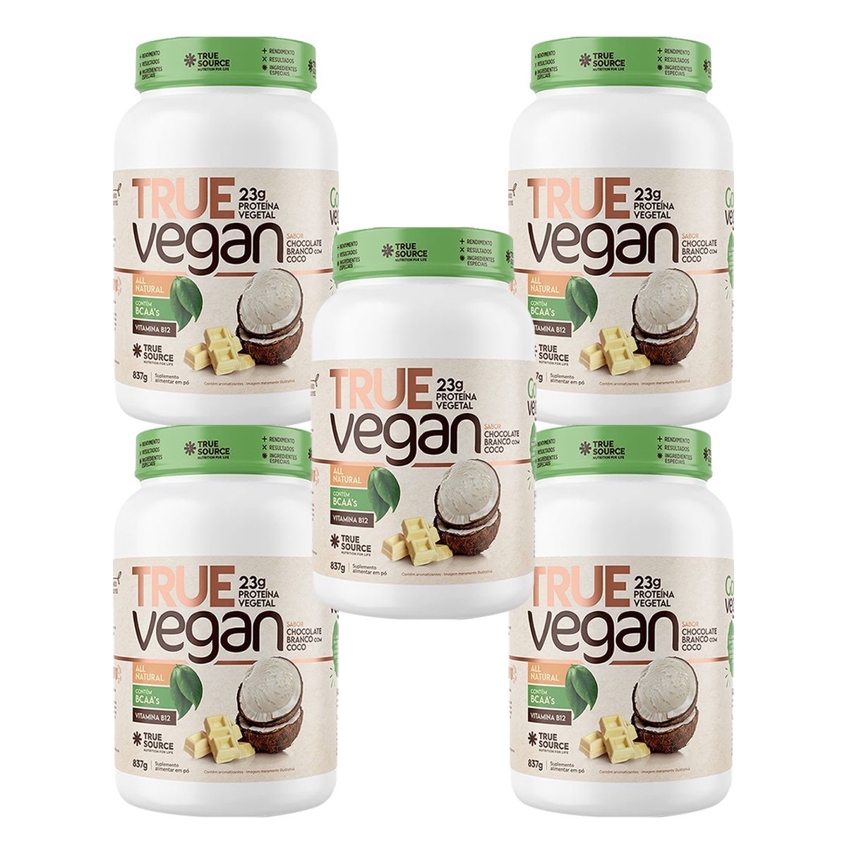Kit 5X True Vegan Prote�na Vegetal - 837g Chocolate Branco Com Coco - True Source