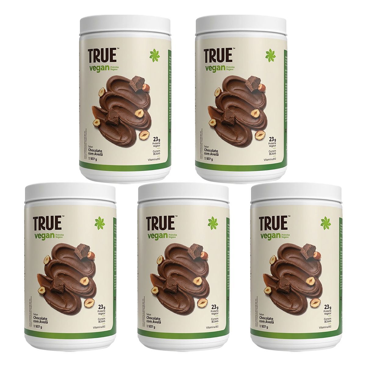 Kit 5X True Vegan Prote�na Vegetal - 837g Chocolate com Avel� - True Source