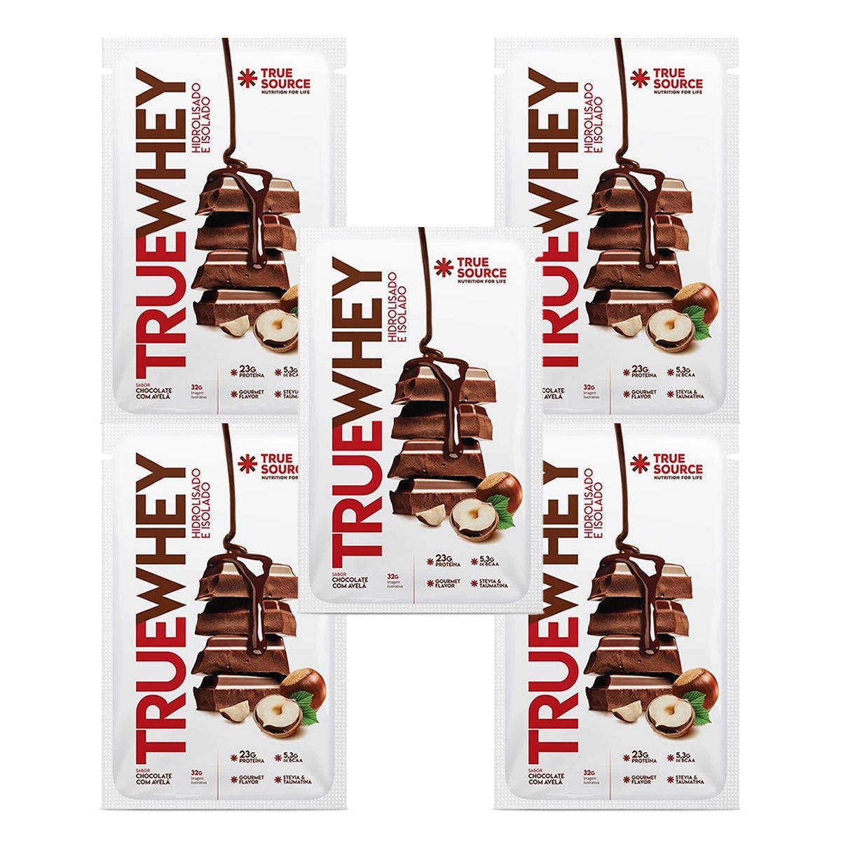 Kit 5X True Whey Hidrolisado e Isolado - 1 Sach�  32g Chocolate com Avel� - True Source
