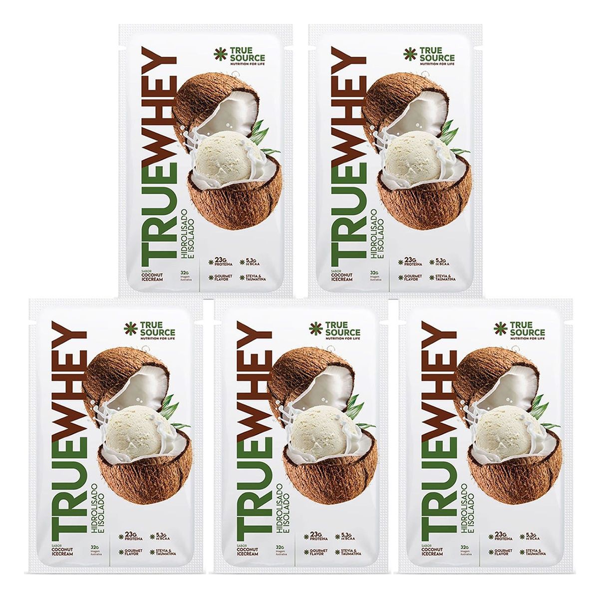 Kit 5X True Whey Hidrolisado e Isolado - 1 Sach� 32g Coconut Ice Cream - True Source