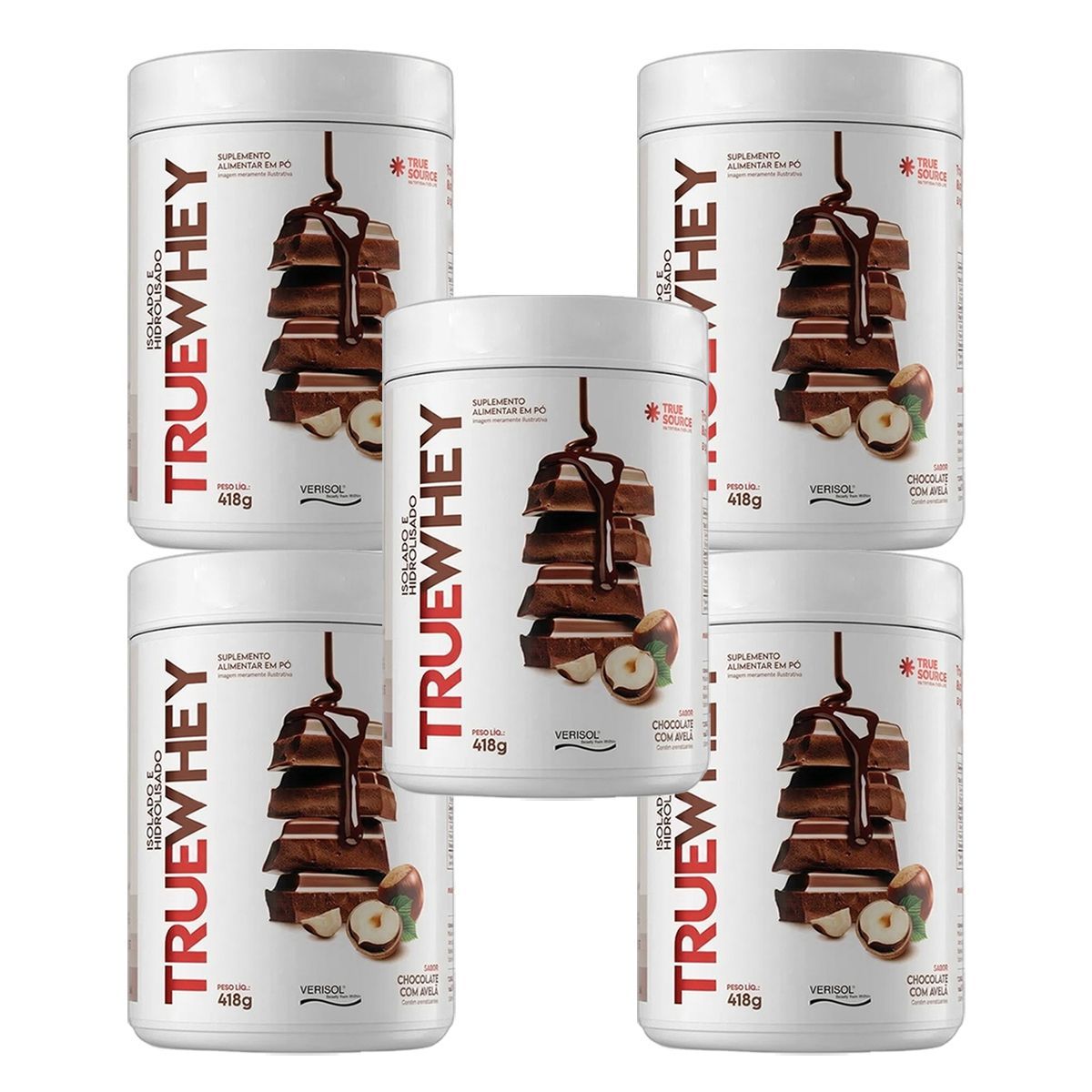 Kit 5X True Whey Protein Hidrolisado e Isolado - 418g Chocolate Com Avel� - True Source