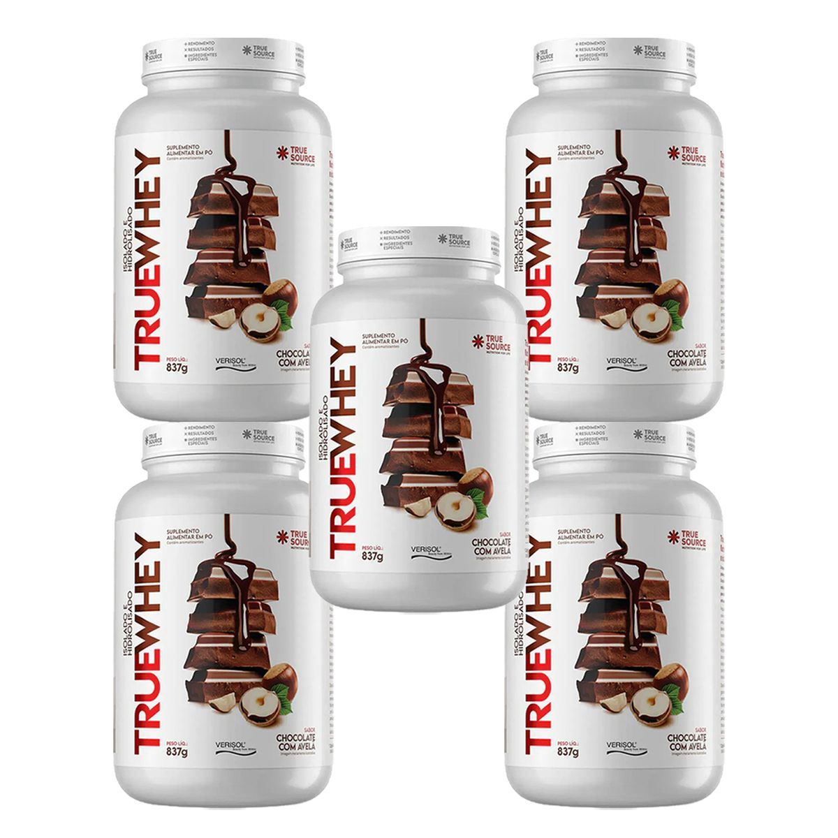 Kit 5X True Whey Protein Hidrolisado e Isolado - 837g Chocolate Com Avel� - True Source