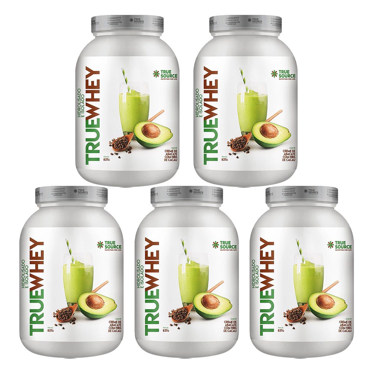 Kit 5X True Whey Protein Hidrolisado e Isolado - 837g Creme de Abacate Com Nibs de Cacau - True Source