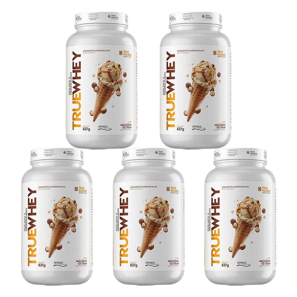Kit 5X True Whey Protein Hidrolisado e Isolado - 837g Macadamia Ice Cream - True Source