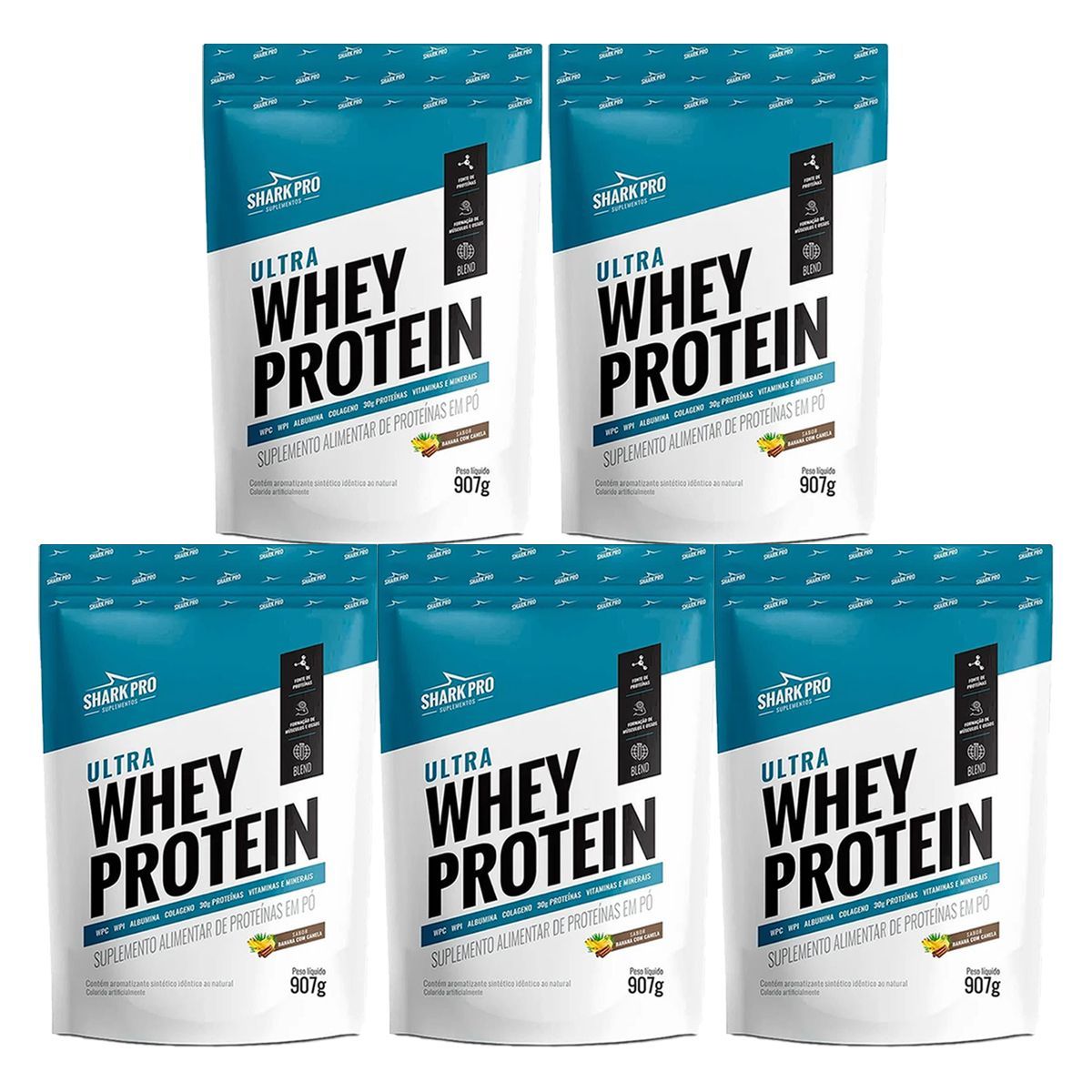 Kit 5X Ultra Whey Protein - 907g Refil  Banana com Canela - Shark Pro