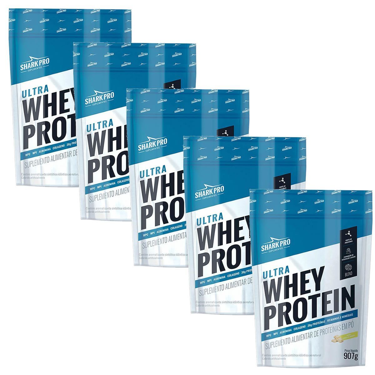 Kit 5X Ultra Whey Protein - 907g Refil Chocolate Branco  - Shark Pro Nutrition