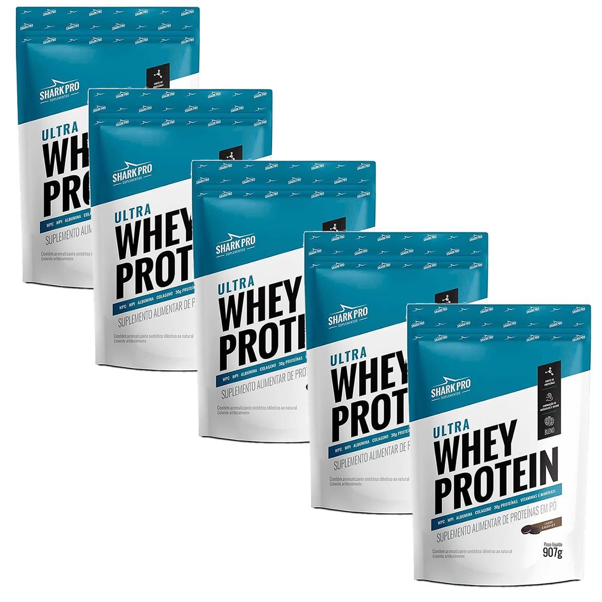 Kit 5X Ultra Whey Protein - 907g Refil Cookies - Shark Pro