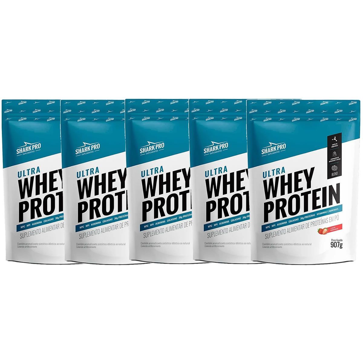 Kit 5X Ultra Whey Protein - 907g Refil Morango - Shark Pro